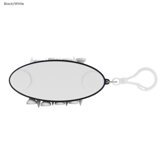 A black and white golf accessory with multiple slots, featuring a clip for attachment. It has a smooth oval shape.