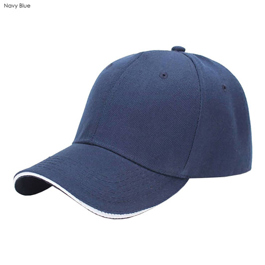 A navy blue six-panel heavy acrylic sandwich cap with a curved brim and a logo on the front.
