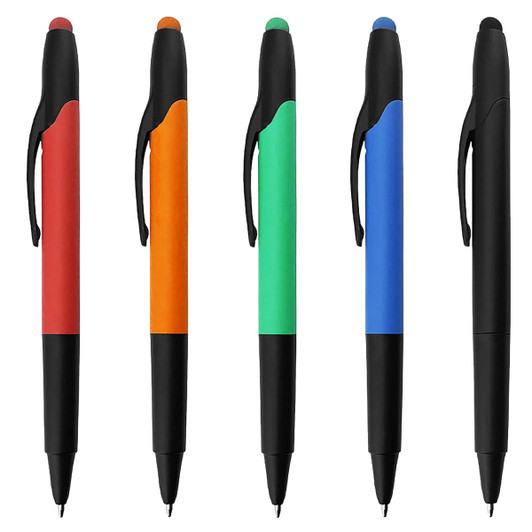 A set of five stylus pens in red, orange, green, blue, and black, featuring black grips and clips.