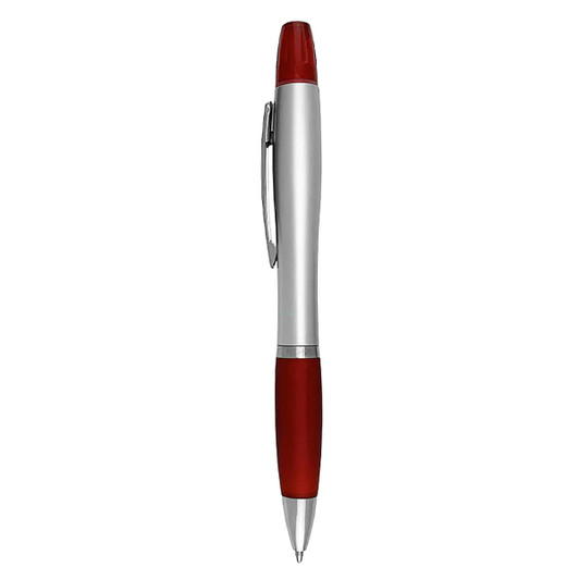 A silver and red highlighter pen featuring a sleek design and a branding logo on the barrel.