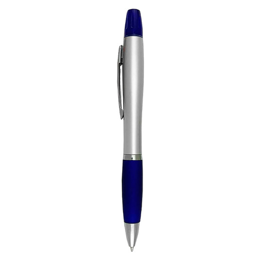A highlighter pen with a silver body and blue accents, featuring a clip and a branding logo.