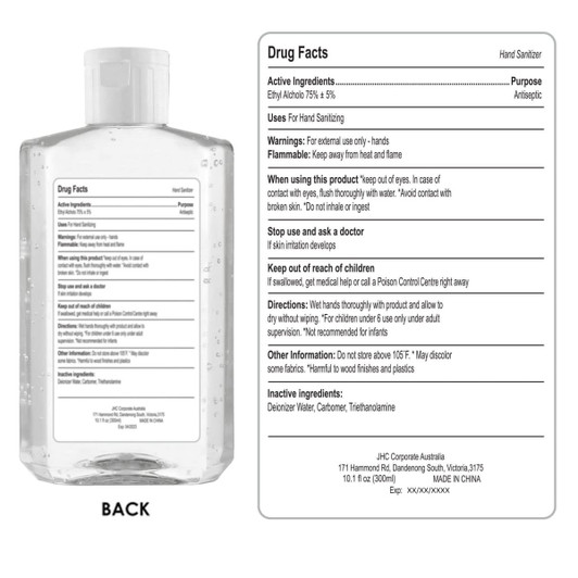 A clear, 300ml hand sanitiser gel featuring 75% alcohol, with a label detailing active ingredients and usage instructions.