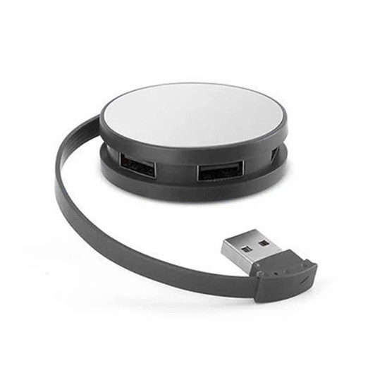 A USB hub in black and silver with two USB ports and a retractable cable. It features a circular design.