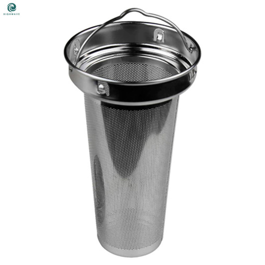 A stainless steel mesh filter with a handle, designed for use in drinkware. It features a shiny finish and fine mesh.