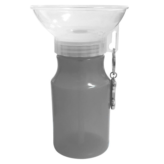 A drink bottle in grey with a clear bowl attachment and a keychain clip, featuring a logo.