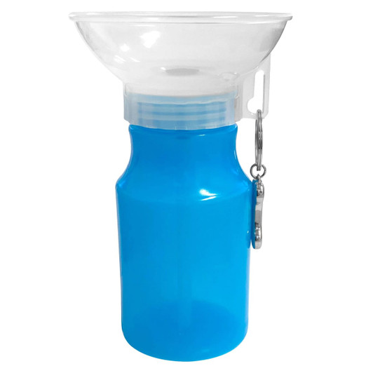 A drink bottle in a vibrant blue with a clear funnel attachment and a clip for easy carrying. It has a logo.