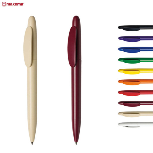 Plastic pens in beige and maroon, alongside a range of colours including black, purple, orange, and green. Branded logo visible.