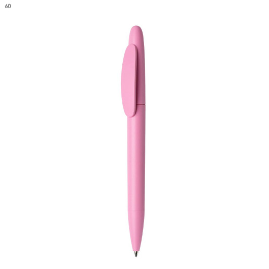 A pink plastic pen with a clip, featuring a sleek design and a logo on the barrel.
