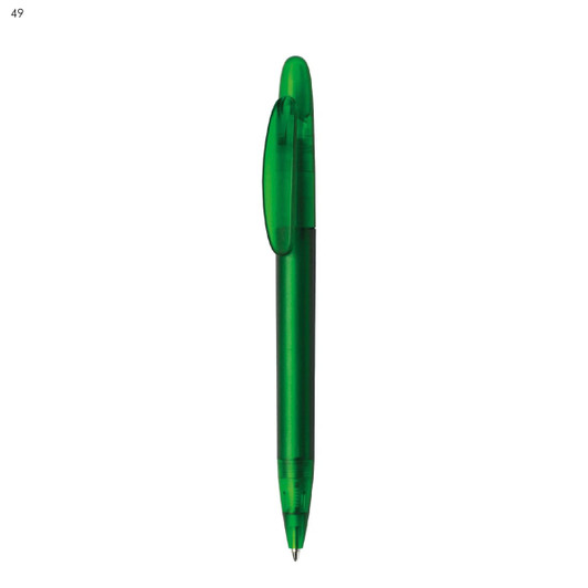 A green plastic pen featuring a clear clip and a smooth design, with a logo on the body.