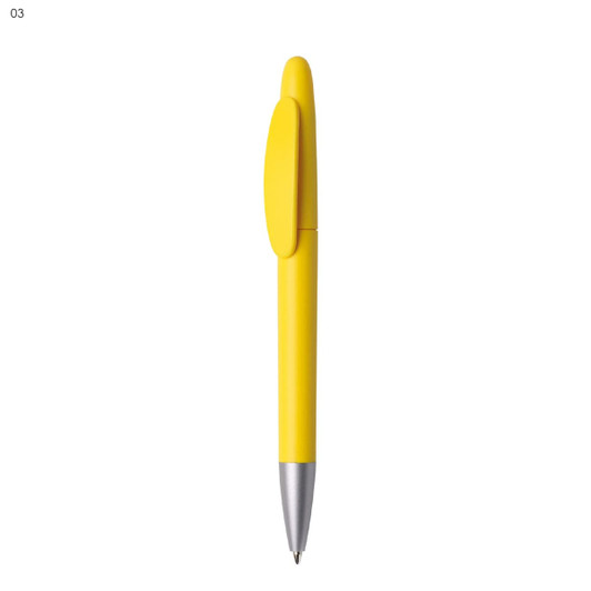 A yellow plastic pen with a silver tip, featuring a clip and a smooth design, includes a logo.