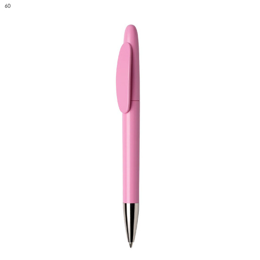 A pink plastic pen with a clip and a silver tip. The pen features a smooth design and a logo.