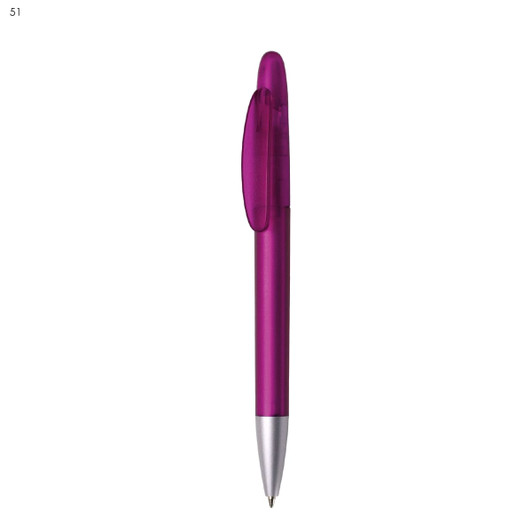 A plastic pen in a vibrant purple colour with a silver tip and a clip. It features a logo on its body.