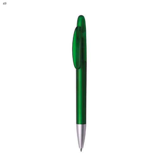 A plastic pen in translucent green with a silver tip and a clip. The pen features a simple design and has a logo.