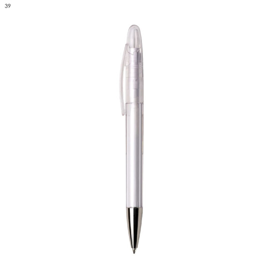 A clear plastic pen with a silver tip and clip, featuring a simple design and branding.