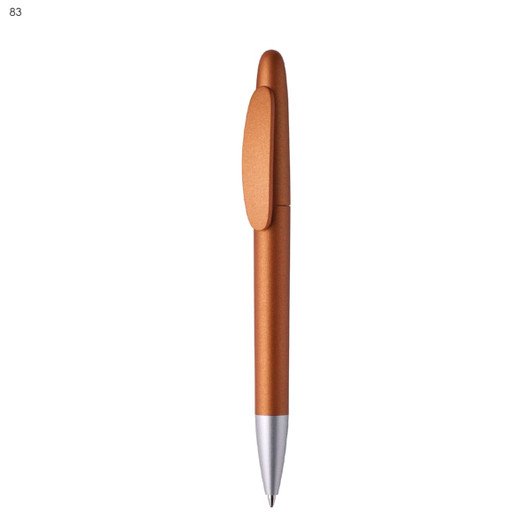 A plastic pen in a copper finish with a silver tip and clip, featuring a logo on its body.