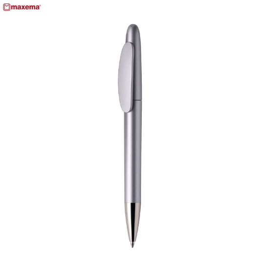 A silver metal pen with a sleek design and a clip, featuring a branding logo.
