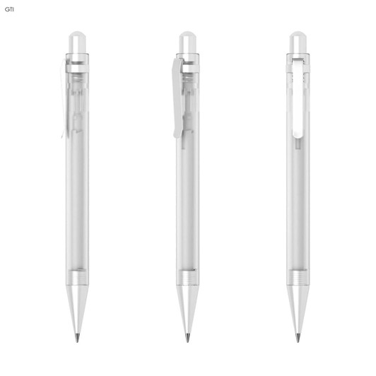 Three transparent plastic pens with silver accents, featuring a clip and a pointed tip.