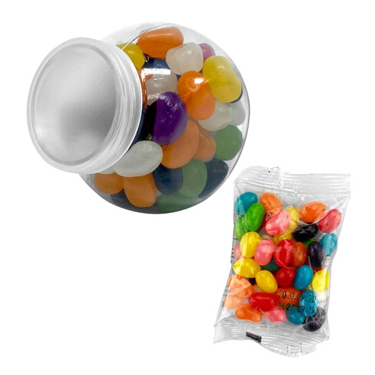A jar filled with assorted jelly beans in vibrant colours, alongside a bag of mixed jelly beans.