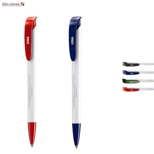 A set of plastic pens in red, blue, and three other colours, featuring a branding logo on the side.