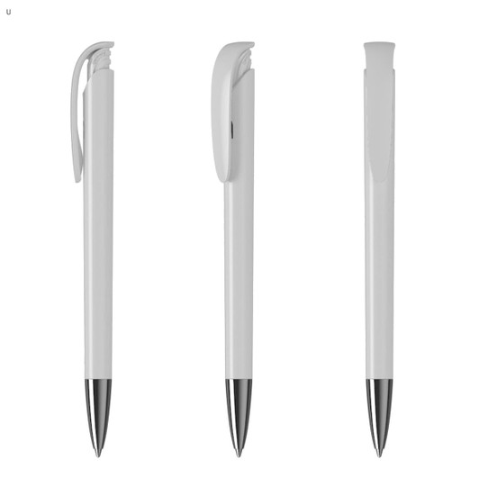 A set of white plastic pens with shiny silver tips, featuring a clip on the side and a smooth barrel design.