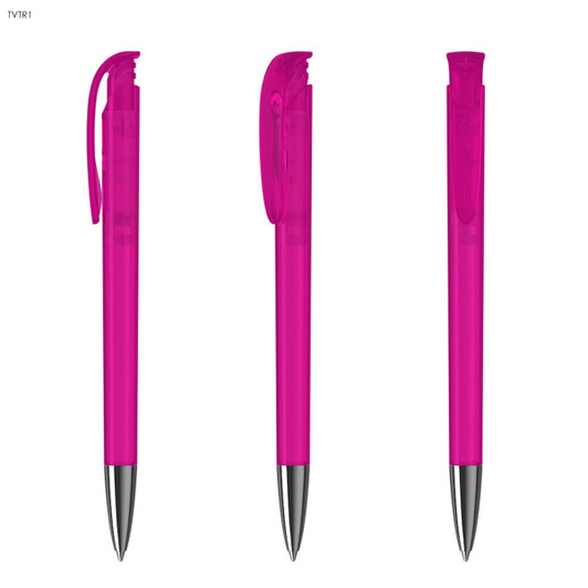 Three transparent pink plastic pens with silver tips and clips, featuring a branding logo on the side.