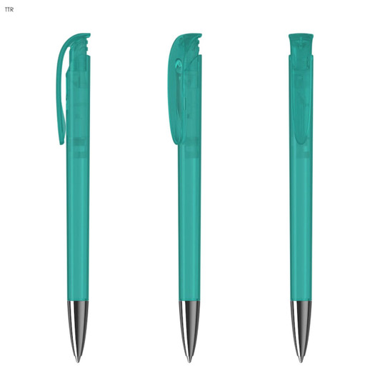 A transparent teal plastic pen with a sleek design and a metallic silver tip. Features a clip and branding.
