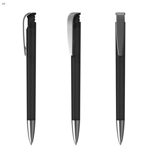 A plastic pen in black with a silver clip, shown from three angles, featuring a sleek design and branding.