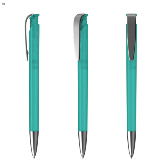 A teal plastic pen with a silver clip, showcasing three different angles of the product.