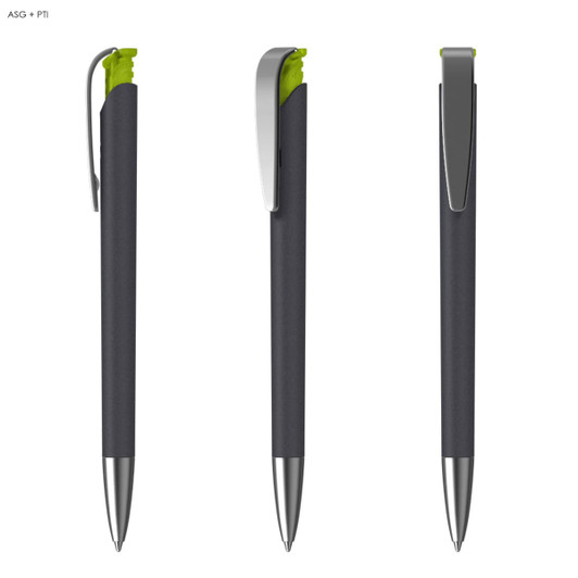 A metal pen with a soft grip, featuring a grey body and bright green accents. It has a clip and silver trim.