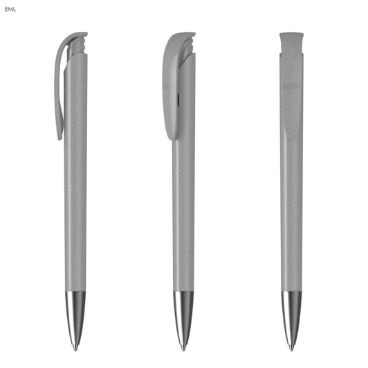 A trio of metallic grey plastic pens with sleek designs, each featuring a clip and a shiny silver tip.