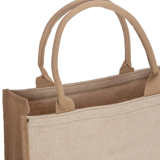 A tan and beige reusable grocery bag with two sturdy handles and a simple design. It features a logo.