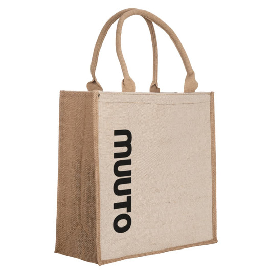 A reusable grocery bag in cream and brown with handles and a logo on the front.
