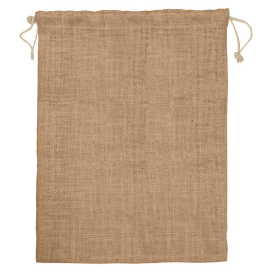 A natural jute bag with a drawstring closure, featuring a textured surface in a light brown hue.