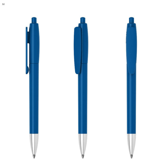 A blue plastic pen with a silver tip and a clip, presented in three different angles. It features a logo.