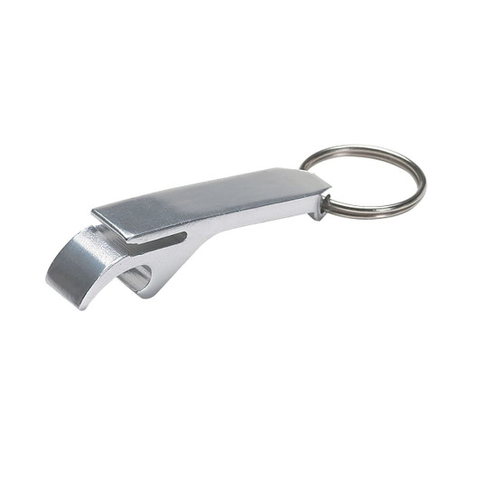 A drink bottle opener key ring in a sleek silver finish, featuring a keyring attachment and a simple design.