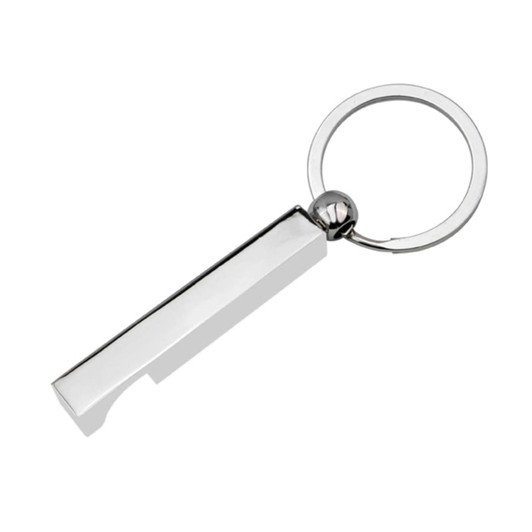 A silver key ring with a bottle opener feature, designed in a sleek rectangular shape with a circular attachment.