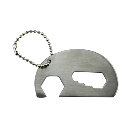 A drink bottle opener key ring shaped like an elephant, featuring a stainless steel finish and a ball chain attachment.