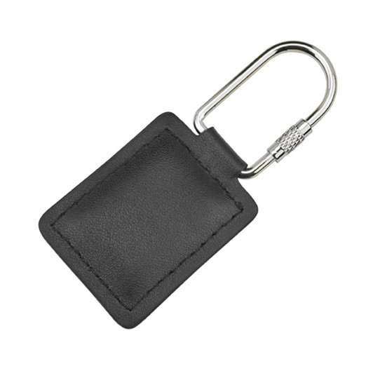 A black leather key ring with a metal clip. It features a simple rectangular design.