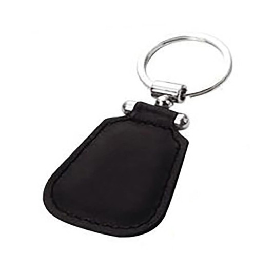 A black leather key ring with a circular metal attachment and a simple design. It has a branding logo.