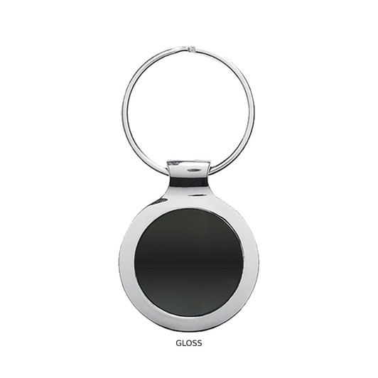 A glossy silver key ring featuring a round, reflective disc in the centre.