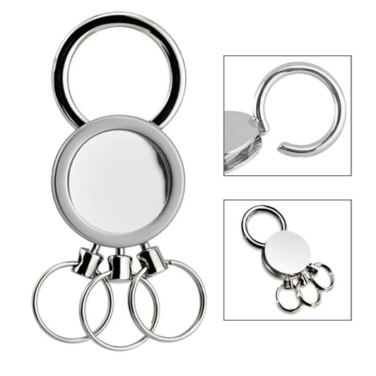 A silver multi ring key ring featuring three smaller rings and a central round holder. Includes a logo.