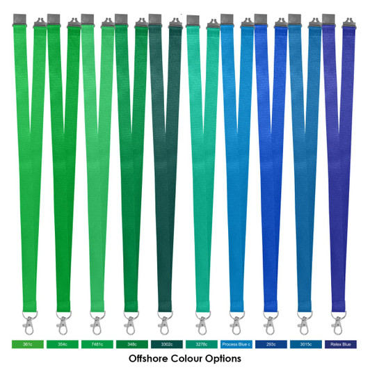 Polyester lanyards in various shades of green and blue, featuring clip attachments and a logo.