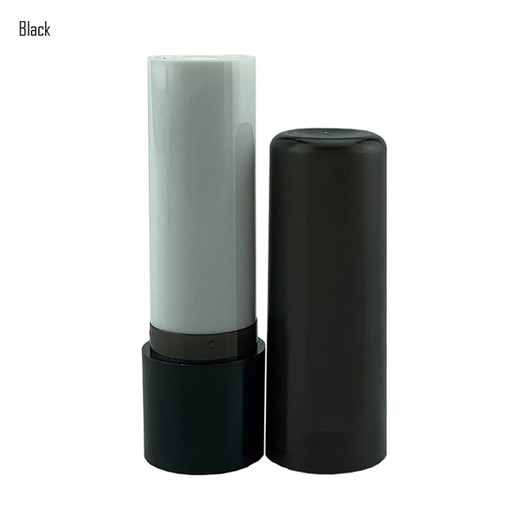 A lip balm stick featuring a black casing with a grey inner tube. The product has a simple design and a logo on the packaging.