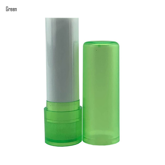 A green lip balm stick in a transparent green casing, featuring a white applicator. The packaging has a logo.