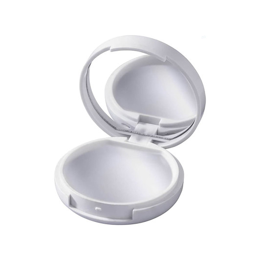 A white lip gloss container with a mirror inside, featuring a smooth, rounded design and a secure clasp.