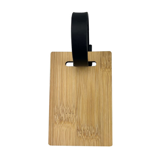 A bamboo luggage tag with a black strap, featuring a smooth natural wood finish.