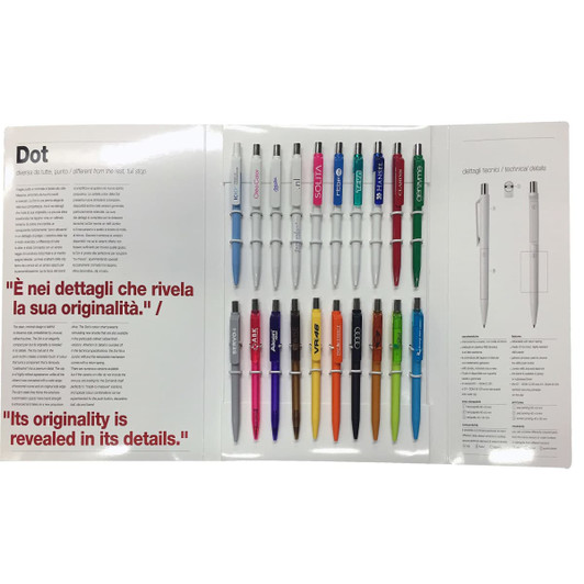 A pen packaging kit featuring various coloured pens arranged neatly, including a selection of ballpoint and click pens.