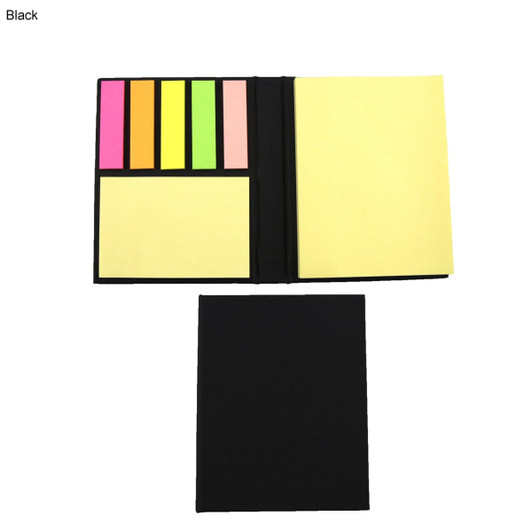 A black sticky note pad featuring yellow, pink, green, and orange notes in a removable cover.