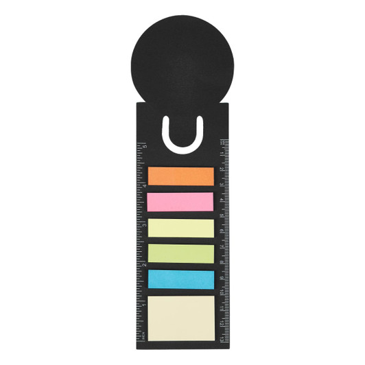 A black bookmark ruler with sticky note pads in pink, orange, yellow, green, blue, and cream. Features a circular top and ruler markings.