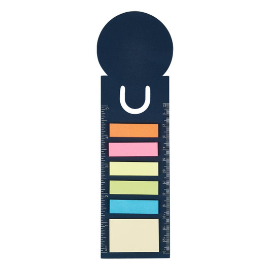 A navy bookmark ruler featuring sticky note pads in various colours, with a circular top and measurement markings.
